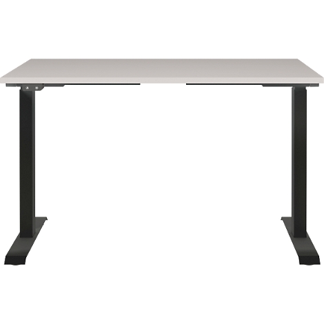 Bureau met lichtgrijze tafelblad en zwarte poten, geïsoleerd op een witte achtergrond.