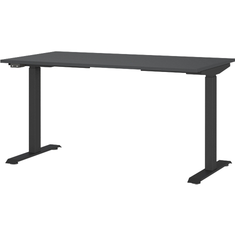 Grijze, in hoogte verstelbare bureau op twee zwarte poten. Het tafelblad is rechthoekig.