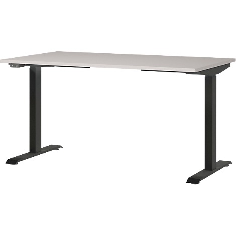 Lichtgrijze bureau met zwart, in hoogte verstelbaar frame. Het tafelblad is rechthoekig, de poten zijn hoekig.