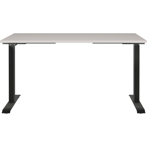 Een in hoogte verstelbaar bureau tegen een witte achtergrond. Het tafelblad is lichtgrijs, het frame zwart.