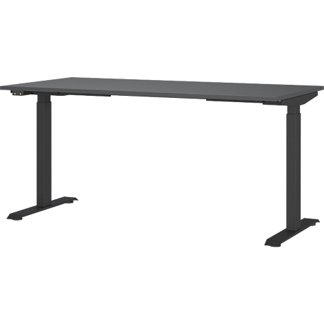 Een grijze, in hoogte verstelbare tafel met zwarte poten. De tafel staat in een rechte hoek ten opzichte van de camera.