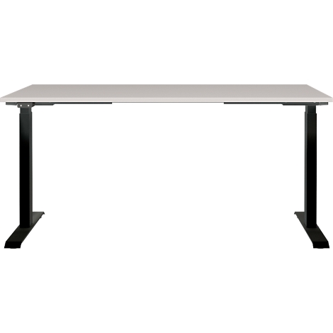 Een witte bureau met zwarte, in hoogte verstelbare poten. Op een lichte achtergrond.