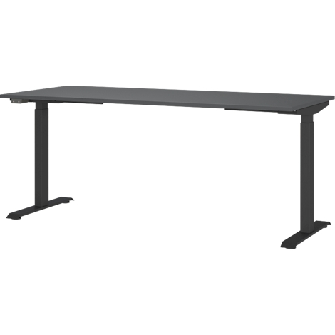 Een grijze, in hoogte verstelbare bureau op een witte achtergrond. Rechthoekig tafelblad, zwarte poten.