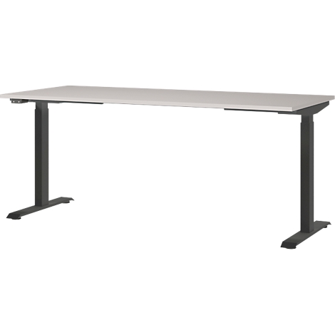 Een witte, in hoogte verstelbare bureau met zwart frame, op een witte achtergrond.