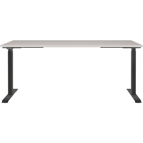 In hoogte verstelbaar bureau met grijs tafelblad en zwarte poten op een witte achtergrond.