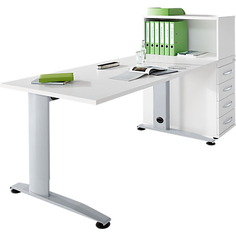 Witte bureau met rek en lades. Groene mappen, een telefoon en een boek op het bureaublad.