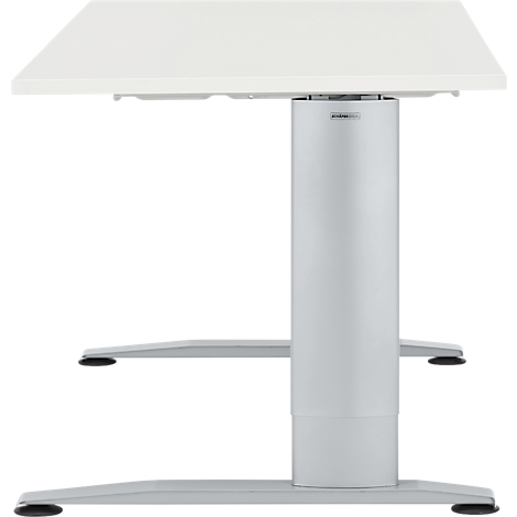 Een in hoogte verstelbaar bureau met een wit tafelblad en een zilverkleurig frame.