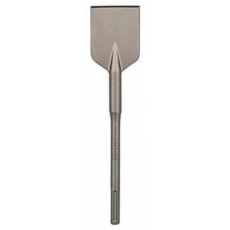 Ciseau gris avec un tranchant large et rectangulaire. Il possède une tige allongée et un support rectangulaire.