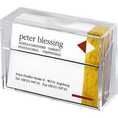 Plexiglass business card holder with business cards of the company Peter Blessing.