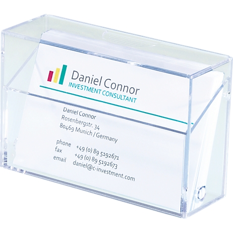 Transparent business card holder with business cards. On a card: Daniel Connor, Investment Consultant.