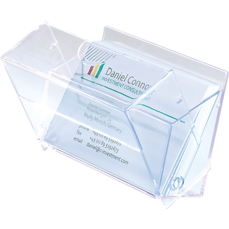 Transparent business card holder with a Daniel Connor business card. The holder is mounted on the wall.