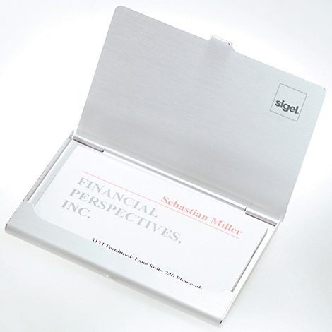 Silver business card holder with the lid open. The cards say: Financial Perspectives, Inc.