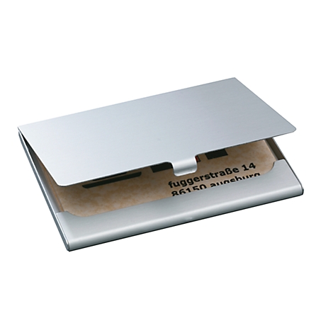 Silver business card holder, open with business cards. The card reads 'fucggerstraße 14 86150 augsburg'.