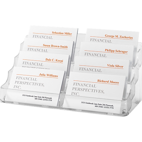 Clear, transparent business card holder with multiple cards. Cards with names and company logo.