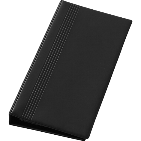 Black binder with vertical, grooved lines on the side. The binder is slightly open.