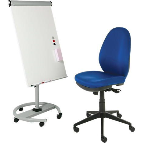 Whiteboard and blue office chair. The whiteboard stands on a silver frame with wheels. The chair has a black frame and wheels.