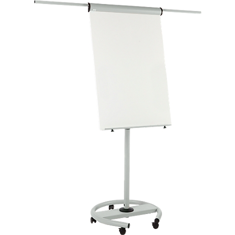 A white flip chart with a gray stand and wheels. The top edge has a silver holder, the paper is blank.