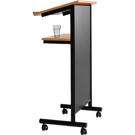 Lectern with shelf and glass, on castors. The lectern is black and wood-colored.
