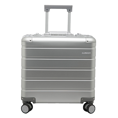 Valise argentée avec poignée extensible et roues sur fond blanc.