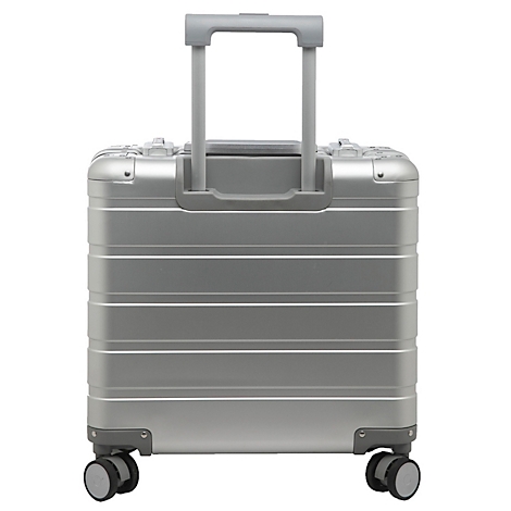 Valise argentée avec poignée extensible et roues sur fond blanc.