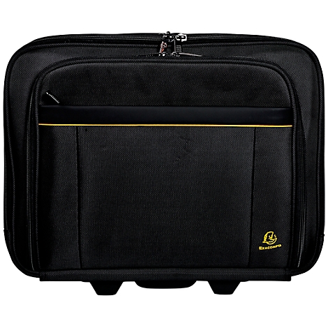 Black rolling bag with zipper and yellow trim. Logo on the front.