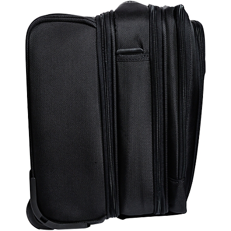 Black suitcase with wheels. Side view, zippers and handle visible.