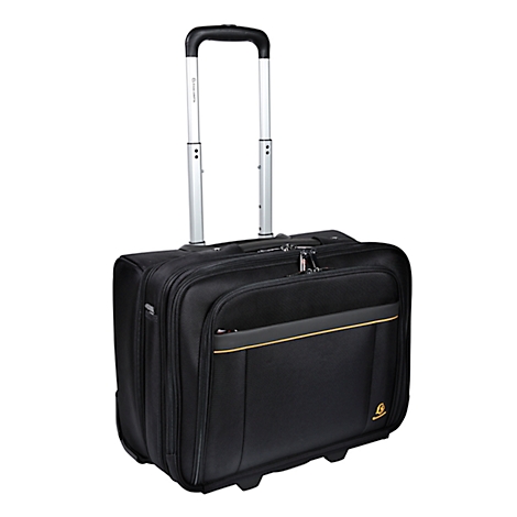 Black business trolley, extended telescopic handle, yellow decorative stripe.