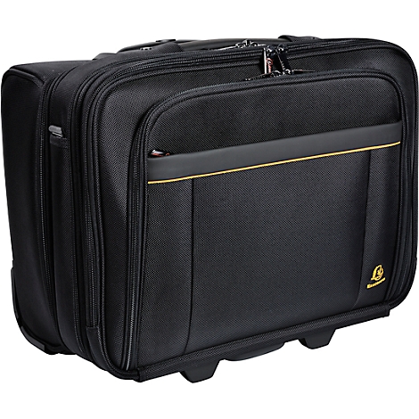 Black trolley suitcase with yellow accents. It has wheels, a handle and zippers.
