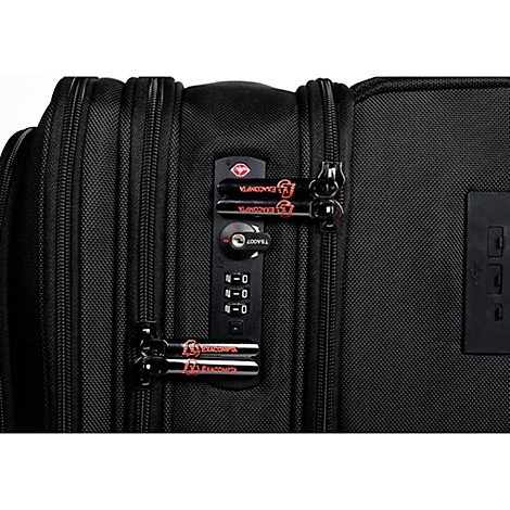 Close-up of a black suitcase featuring a combination lock. The TSA lock has red accents, and the numbers are set to 4-0-0.