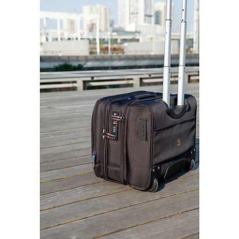 Black rolling suitcase on wooden planks. City view in the background.