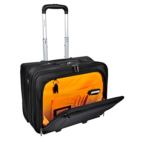 Black rolling suitcase with orange interior. Handle extended, zipper compartment open.