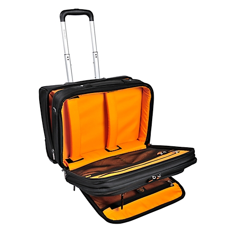 Black rolling suitcase, orange interior, with handle extended. The suitcase is open, showing interior compartments.