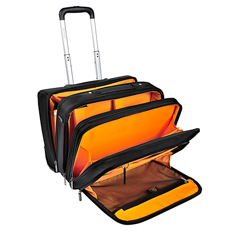 Black trolley suitcase with orange interior, shown open.