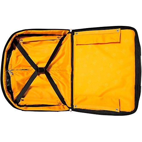 Open suitcase with yellow lining, black cross straps and small pockets.