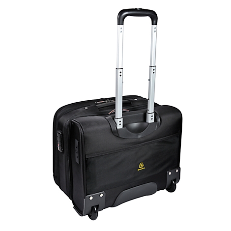 Black rolling trolley with extendable handle and logo detail.