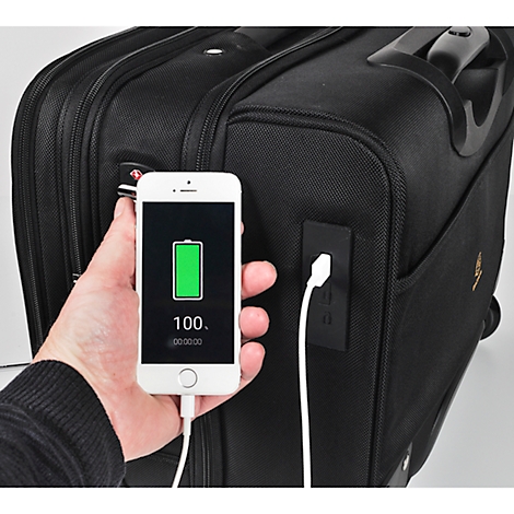 Black trolley with USB port. A smartphone displays 100% battery charge.