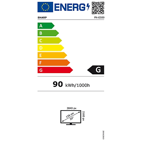 Energielabel eines Fernsehers von Sharp. Energieeffizienzklasse G, 90 kWh/1000h. Größe: 126 cm, 50 Zoll.