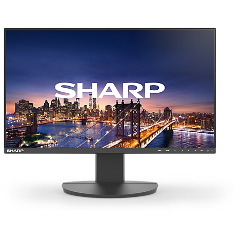 Schwarzer Sharp-Monitor mit Skyline-Hintergrund, SHARP-Schriftzug.
