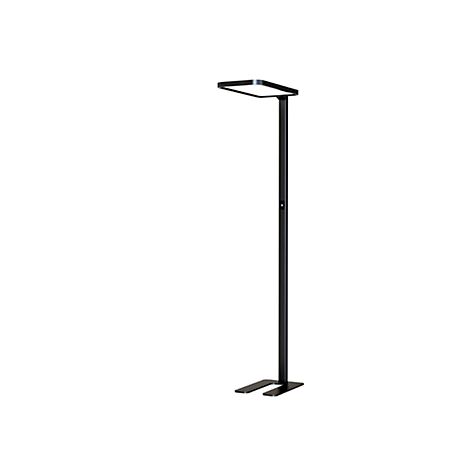Black floor lamp with square head, long pillar, and rectangular base.