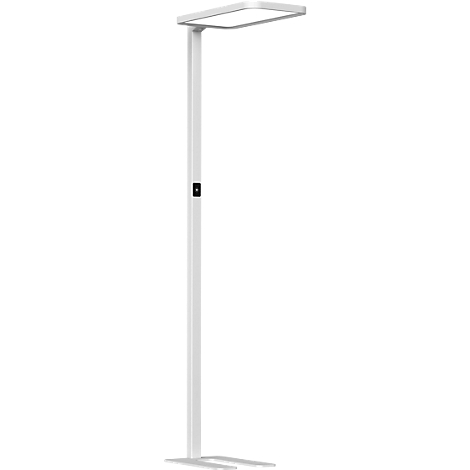 A white floor lamp with a square lamp head. It stands on a small foot.