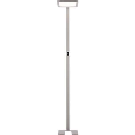 Grey floor lamp, rectangular head, narrow stem, square base. On/off switch on the stem.