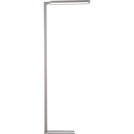 Metal floor lamp with a rectangular light head. The long, slender shaft stands on a rectangular base.
