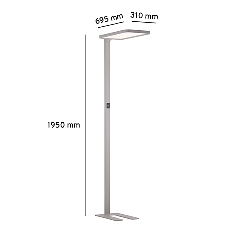 Standing lamp with rectangular light head and stem. Dimensions are indicated.