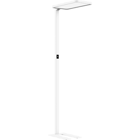 A white floor lamp with a rectangular light head. There is a small switch on the slender stem.