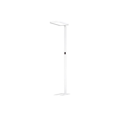 A sleek white floor lamp with a rectangular light head hovering above a slender, tall stem. There is a red switch on the stem.