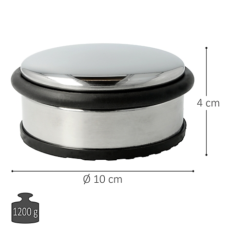 Butée de porte ronde en métal, avec joint en caoutchouc et dessus brillant, avec informations sur le diamètre (10cm), la hauteur (4cm) et le poids (1200g).