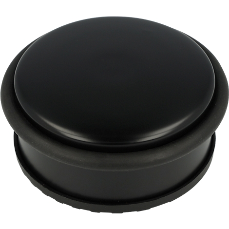 Butoir de porte noir en plastique et caoutchouc. Forme ronde, avec une surface lisse.