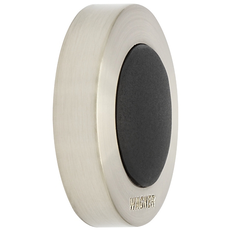 Butoir de porte rond et argenté avec insert ovale noir. 'Wagner' est écrit en bas.