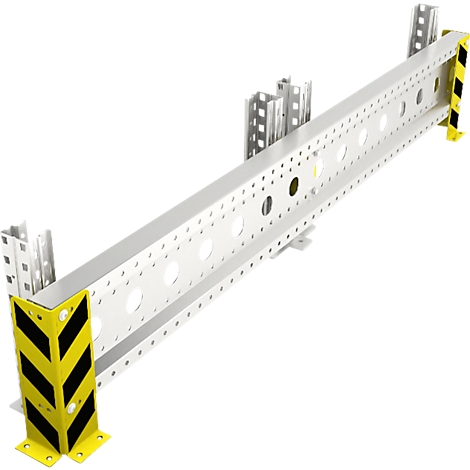 Poutre d'étagère en métal, avec marquages de protection d'angle jaune et noir.