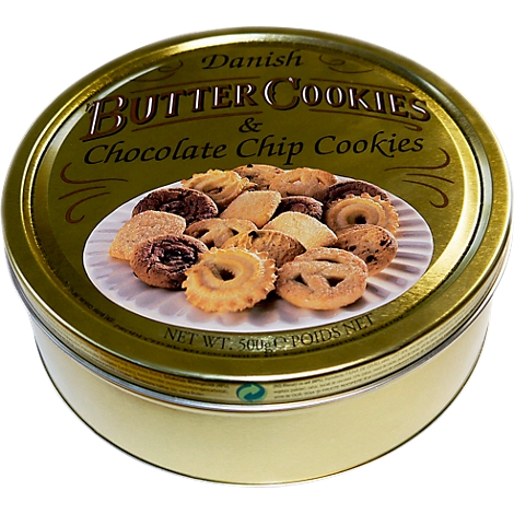 Round tin of butter cookies. Inscription: "Danish Butter Cookies & Chocolate Chip Cookies".